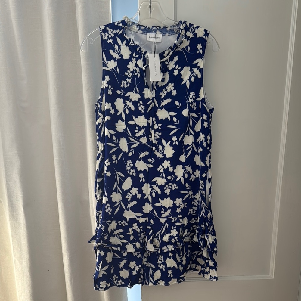 Floral Sleeveless Dress in Blue and White
